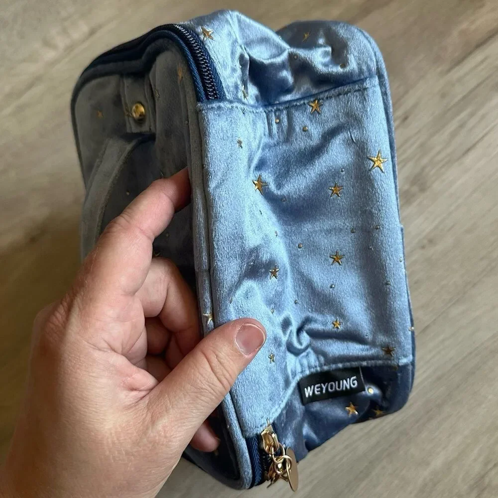 Smoky Blue Velour & Metallic Gold Stars Cosmetic Case Bag